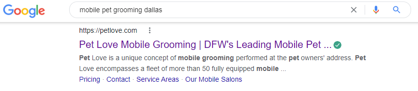SERP for mobile dog grooming services in dallas